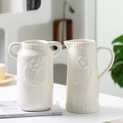 美式地中海复古花瓶奶壶高级感陶瓷摆件，插花瓶白色田园风法式花瓶