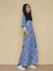 姜欢设计 秋款纯麻青花瓷图案圆领柔美气质型显瘦连衣裙长袍子