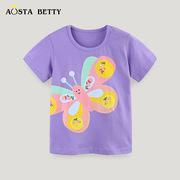 24夏季女童T恤欧美风格儿童蝴蝶印花运动衫针织棉圆领套头童上衣