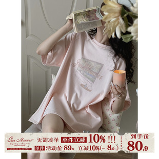 jmwomen粉色印花短袖t恤女夏季美式复古半袖，体恤小个子宽松上衣