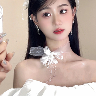 新娘韩式减龄甜美娟纱花朵羽毛，项链影楼写真，结婚纱少女礼服配饰品