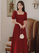 红色连衣裙女夏2024法式复古方，领收腰显瘦气质赫本风长款裙子