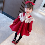 女童冬装加绒连衣裙红色喜庆新年公主裙儿童女宝宝，加厚洋气礼服裙