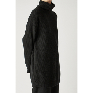 CLEANFLOW  黑色重磅山羊绒窄坑条粗棒针织加厚中长款高领毛衣衫
