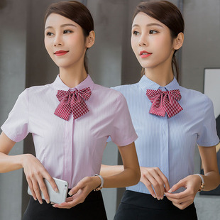 短袖衬衫女夏装OL通勤修身白色浅蓝色粉红色粗竖条纹商务职业工装