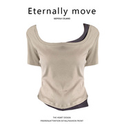 Eternally move撞色拼接短袖t恤女夏修身显瘦方领修身短款假两件