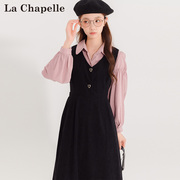 拉夏贝尔设计感黑色吊带，连衣裙女2023秋季甜美风休闲a字裙