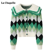 拉夏贝尔lachapelle娃娃，领绿色针织开衫，女秋季菱形宽松毛衣外套
