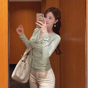 韩国时尚秋季外穿优雅气质堆堆领皱褶性感辣妹修身显瘦T恤上衣女