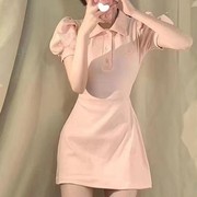 辣妹POLO领连衣裙女装韩国跨境夏季收腰显瘦泡泡袖粉色短裙子