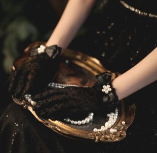 礼服薄款黑性感蕾丝，花边复古lolita优雅礼服，旗袍宴会配饰影楼手套