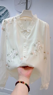 新中式国风刺绣雪纺衬衫2024早春女装长袖衬衣搭配马面裙上衣