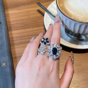 欧美vintage复古深海蓝，大宝石彩宝系列锆石，夸张性感雪花开口戒指
