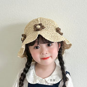 儿童防晒帽夏季甜美可爱女童帽子遮阳旅行草帽小花朵女宝宝渔夫帽