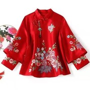 唐装女装中国风秋季复古民族风刺绣绣花红色，中式盘扣改良旗袍上衣