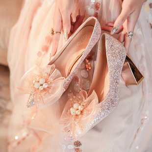 订婚伴娘水晶鞋禾秀中式婚鞋高级感粉色婚纱新娘两穿高跟鞋单鞋子