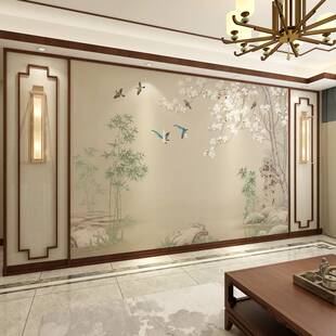2022年中式电视背景墙，壁纸手绘花鸟刺绣，沙发影视墙布无缝壁画