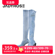 JadyRose破洞雪花牛仔丹宁过膝靴镂空坡跟欧美弹力长靴女裤靴高靴