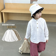 儿童棉麻衬衫春夏男童，韩版白色长袖打底衫，宝宝立领衬衣洋气
