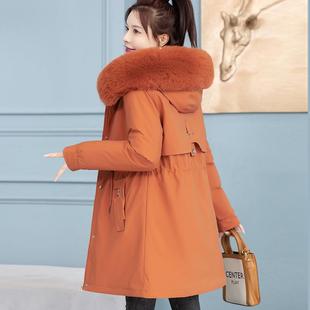 大毛领修身中长款女冬季2023加绒加厚棉衣时尚，桔色派克服外套