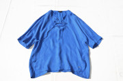 舒适透气铜氨丝短袖t恤宝蓝色系带宽松蝙蝠袖，上衣纯色休闲衬衫夏