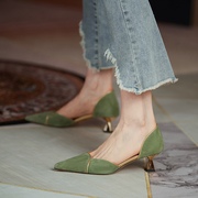 气质法式复古绿色高跟鞋小众设计感小跟鞋凉鞋婚鞋伴娘鞋子单鞋女