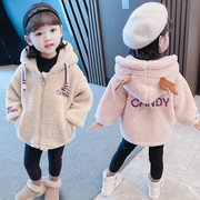 女童羊羔绒外套2021加绒韩版儿童圆领，毛毛衣女小童纯色冬装潮