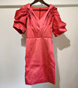 个性设计2024春季红色晚礼服裙褶皱泡泡袖V领收腰连衣裙名媛气质