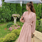 粉色V领气质长袖连衣裙女2023年春季宽松桔梗茶歇法式衬衫裙