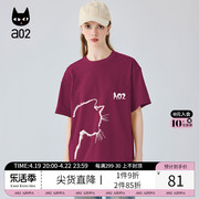 a02个性可爱猫头，涂鸦t恤女短袖2024夏季宽松圆领百搭纯棉上衣