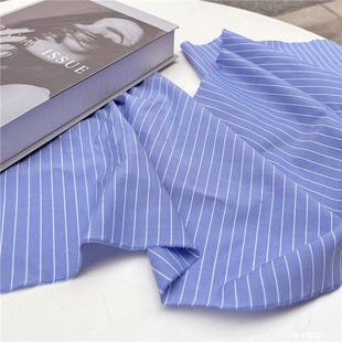 法式复古蓝色白条纹(白条纹，)高支棉全棉，衬衫连衣裙纯棉府绸设计师手工布料