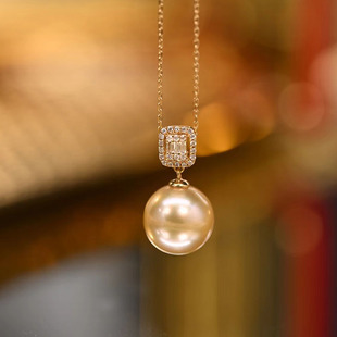 南洋海水金珠18k金钻石(金钻石，)方糖珍珠，吊坠天然中金色正圆极光10-11mm
