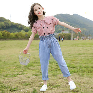 女童套装夏季洋气时尚，中大童小孩子衣服，儿童短袖衬衫牛仔裤两件套