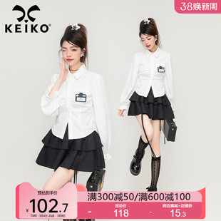 KEIKO 胸牌可拆白色长袖衬衫女春季日系学院风花瓣袖上衣