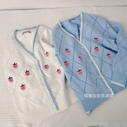 110－150CM童装春夏女童薄款镂空开衫儿童蓝色白色纯棉针织衫