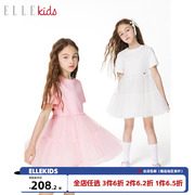 ELLEkids童装 T恤网纱拼接连衣裙女童夏季2023短袖公主裙子