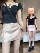 大码胖mm甜辣风套装女夏季小个子蕾丝短袖衬衫蝴蝶结半身裙两件套