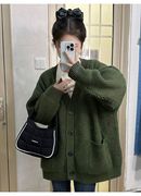5653#秋冬女学生韩系显瘦针织外套慵懒风宽松百搭墨绿色开衫毛衣