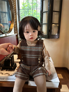 韩范童装冬季女童复古毛呢套装，洋气婴童宝宝格子，坎肩马甲+短裤