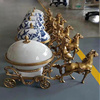 高档创意纯铜包瓷马拉车果盘摆件欧式美式客厅玄关陶瓷配铜收纳盒