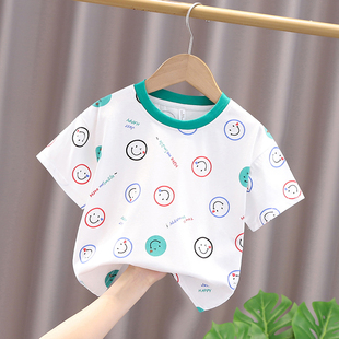 男童短袖t恤儿童，韩版半袖2024夏装，小童笑脸纯棉上衣1-5岁宝宝