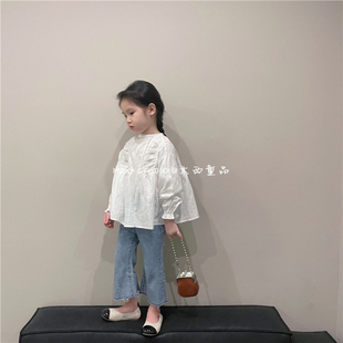 木西童品2023秋韩国版女童白色蕾丝拼接娃娃衫 女宝宝轻褶皱上衣