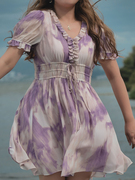 姨太太原创微胖 今年流行晕染紫色印花连衣裙抽绳宽松遮肉裙子夏