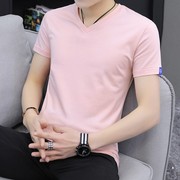 男士短袖t恤男t恤v领夏季纯棉粉色修身冰丝，半袖体恤衫鸡心领0411y
