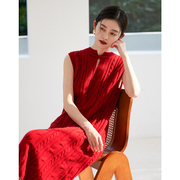 思诺芙德羊绒连衣裙女中式红色，圆领无袖加厚长裙，新年针织毛衣裙(毛衣裙)