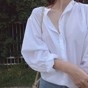白色衬衫女2024韩系春季复古港味洋气宽松纯棉长袖泡泡袖衬衣