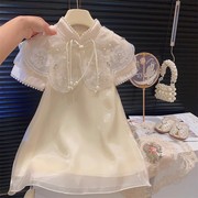 女童短袖旗袍连衣裙2023夏季女宝宝，中国风洋气，蕾丝网纱公主裙
