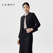 lancy朗姿春季黑色羊毛圆领小香风，短外套法式修身收腰上衣女