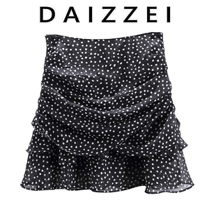 daizzei~2022夏黑白(夏黑白，)波点褶皱雪纺小短裙蛋糕a字裙女半身纱裙