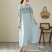 新中式森女系垂感棉麻刺绣连衣裙夏季短袖圆领纯色套头长裙子